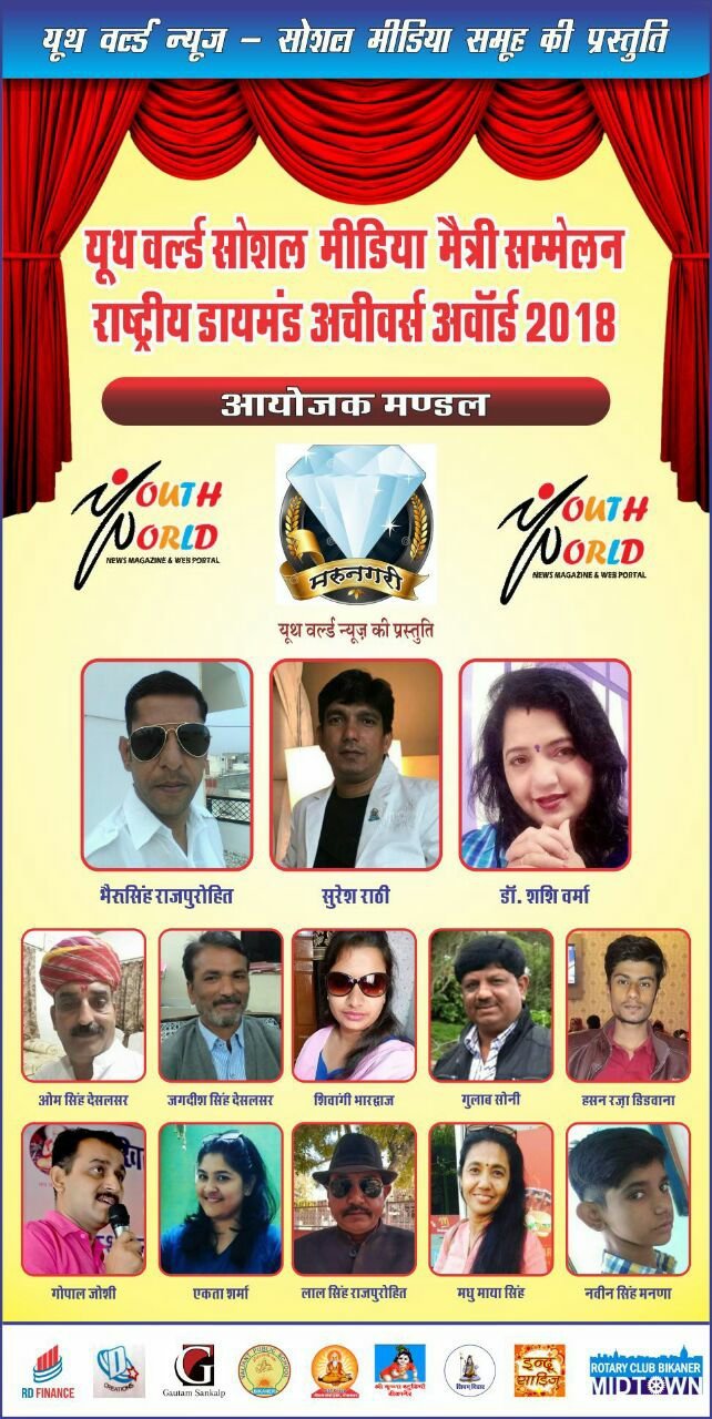 यूथ वर्ल्ड सोशल मीडिया मैत्री सम्मेलन & राष्ट्रीय स्टार डायमंड अचीवर्स अवॉर्ड 2018: देश-प्रदेश की 121 प्रतिभाओं को राष्ट्रीय स्टार डायमंड अचीवर्स अवॉर्ड 2018 से किया जाएगा सम्मानित 4 यूथ वर्ल्ड सोशल मीडिया मैत्री सम्मेलन & राष्ट्रीय स्टार डायमंड अचीवर्स अवॉर्ड 2018: देश-प्रदेश की 121 प्रतिभाओं को राष्ट्रीय स्टार डायमंड अचीवर्स अवॉर्ड 2018 से किया जाएगा सम्मानित | New India Times