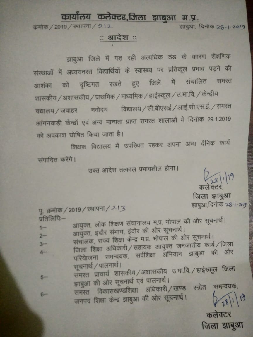 कपकपाती ठंड के चलते झाबुआ की तमाम स्कूलों की छुट्टी आज | New India Times