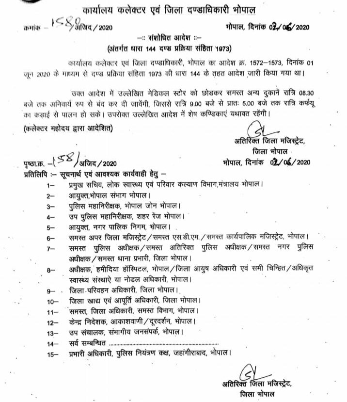 भोपाल में मेडिकल स्टोर को छोड़कर समस्त दुकानें रात्रि 8:30 बजे होंगी बंद | New India Times
