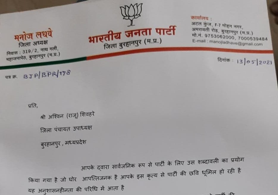भाजपा बुरहानपुर जिलाध्यक्ष ने जिला पंचायत उपाध्यक्ष को पार्टी की प्राथमिक सदस्यता से किया निलंबित | New India Times
