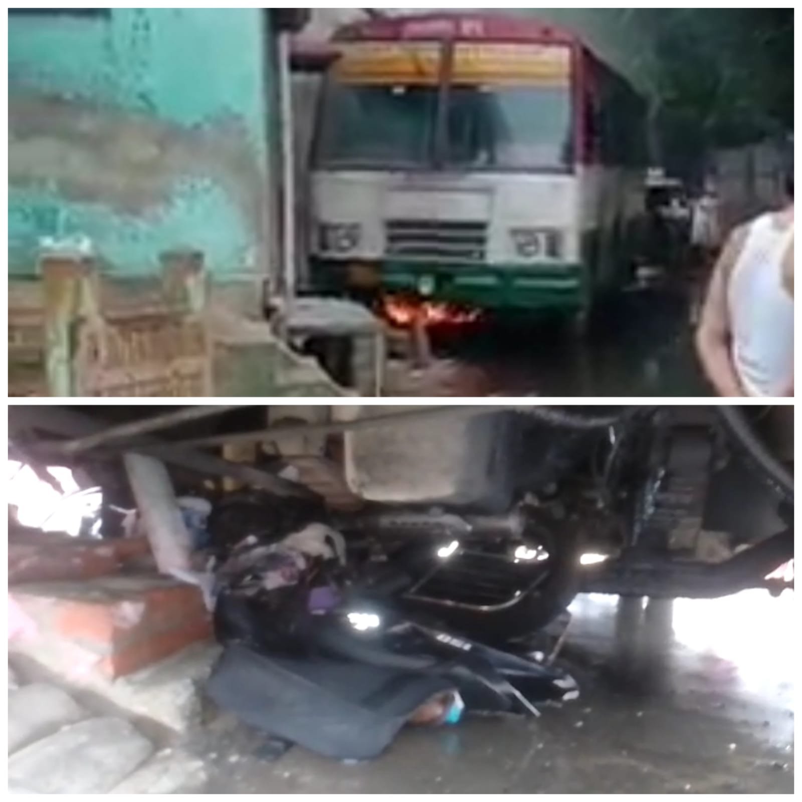 बाइक सवार को बचाने के चक्कर में बस अनियंत्रित होकर मकान में घुसी, बाइक की टंकी फटने से बस व बाइक में लग गई आग | New India Times