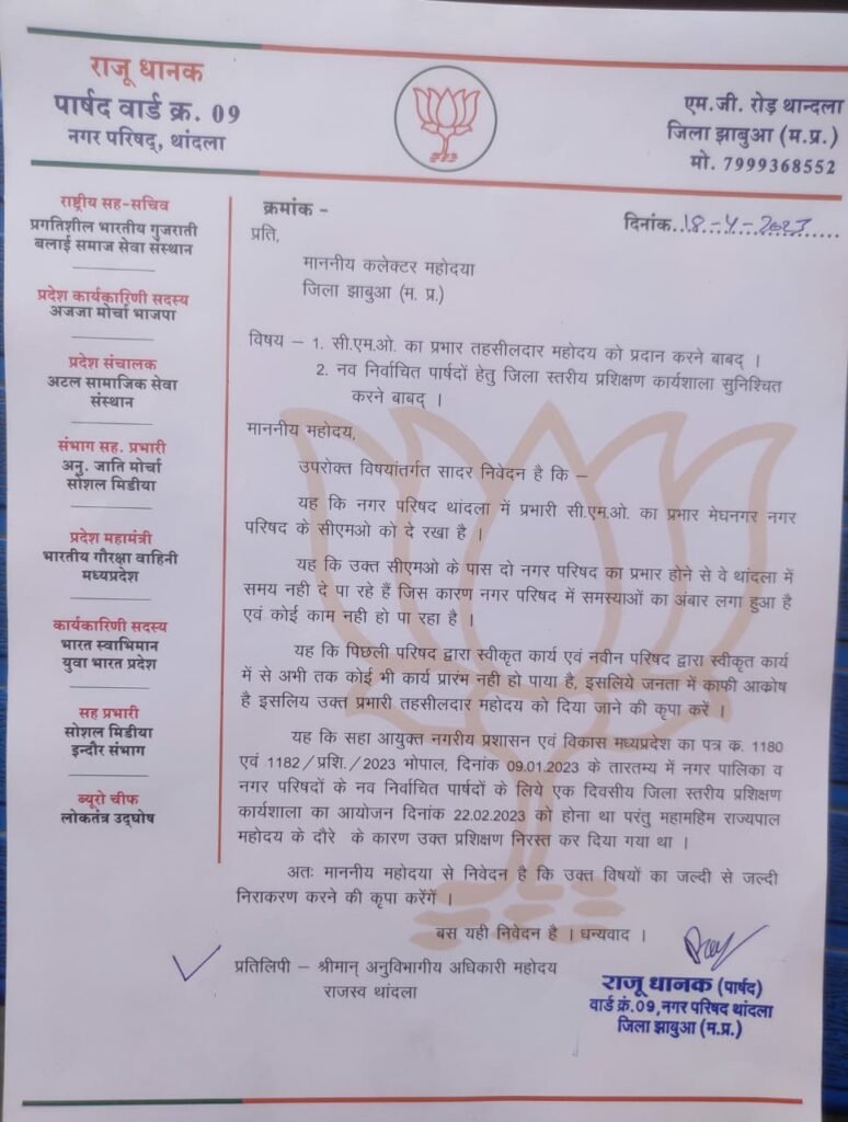 थांदला सीएमओ का प्रभार तहसीलदार को दिये जाने की मांग को लेकर कलेक्टर को सौंपा गया मांग पत्र | New India Times