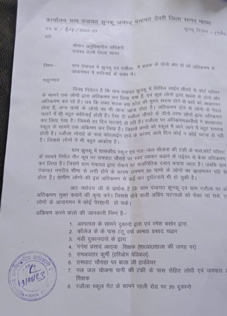 ग्राम पंचायत झुनकू में अतिक्रमणकारियों ने शासकीय भूमि पर जमाया कब्जा, ग्राम के सरपंच ने शिकायती आवेदन देकर अतिक्रमण हटाने की अधिकारियों से लगाई गुहार | New India Times