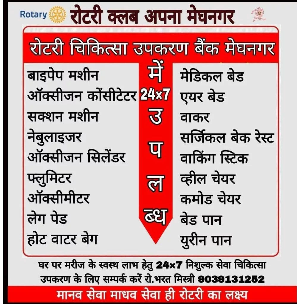 मेघनगर रोटरी क्लब अपना की चिकित्सा उपकरण बैंक की शाखा का शुभारम्भ थान्दला में 15 अक्टूबर को | New India Times