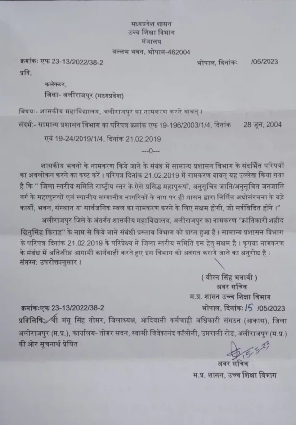 अलीराजपुर महाविद्यालय को अब क्रांतिकारी शहीद छीतू किराड़ के नाम से जाना जायेगा 2 अलीराजपुर महाविद्यालय को अब क्रांतिकारी शहीद छीतू किराड़ के नाम से जाना जायेगा | New India Times