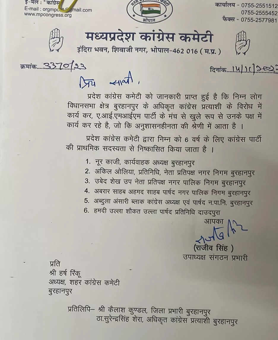 प्रदेश कांग्रेस कमेटी भोपाल में बुरहानपुर के 6 कांग्रेसी नेताओं को 6 वर्ष के लिए किया निष्कासित | New India Times