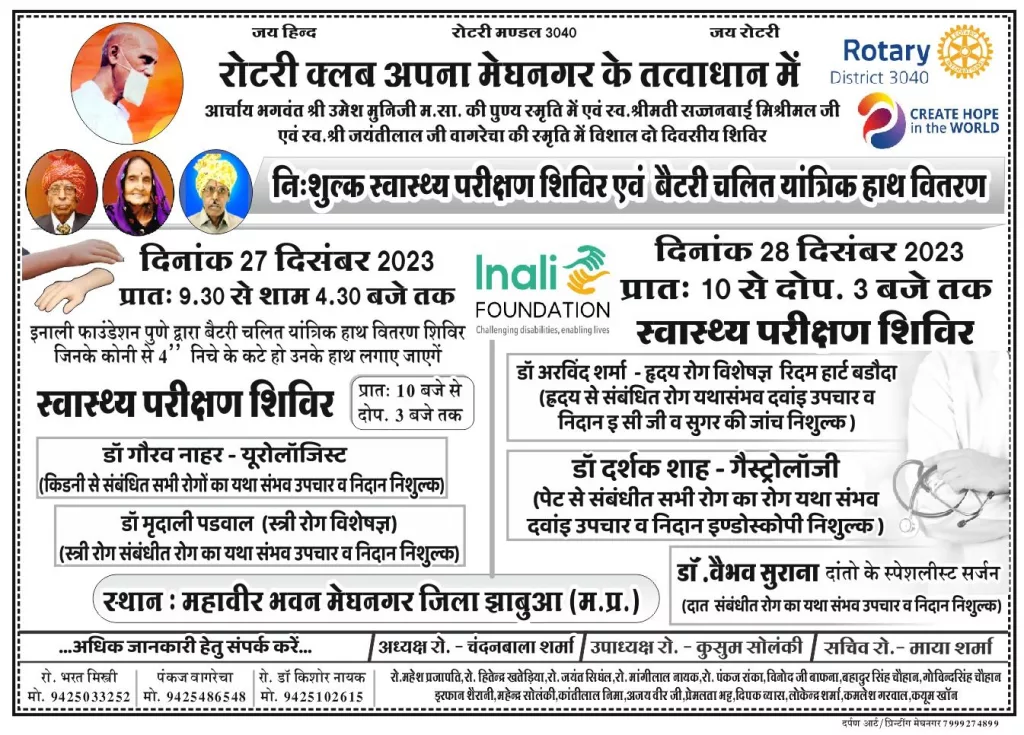 मेघनगर महावीर भवन में दो दिवसीय निःशुल्क स्वास्थ्य परीक्षण शिविर 27 दिसंबर से, स्पेशलिस्ट डॉक्टर देंगे सेवाएं | New India Times