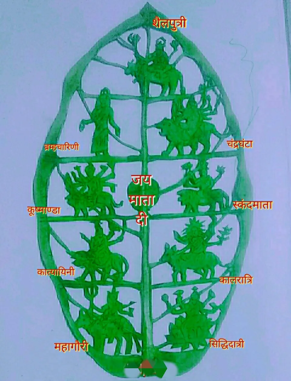 पीपल के पत्तों पर उकेरी माँ दुर्गा की कलाकृति | New India Times