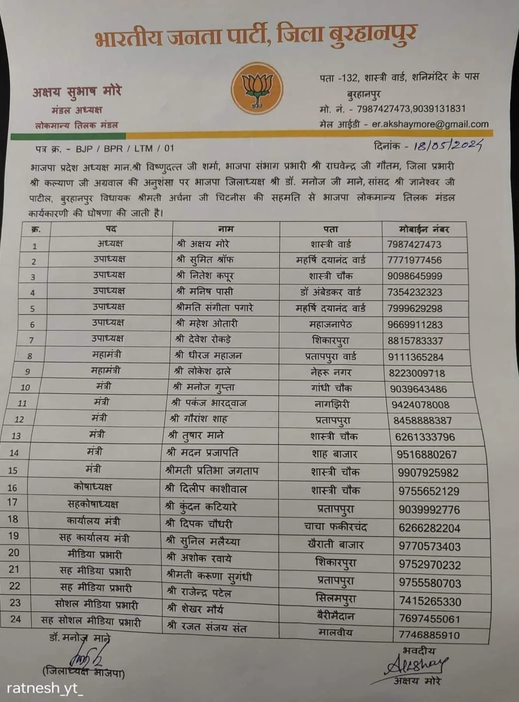 भाजपा के लोकमान्य तिलक मंडल की कार्यकारणी में 23 और सरदार पटेल मंडल की कार्यकारणी में 25 पदाधिकारियों को सौंपी गई ज़िम्मेदारीे | New India Times