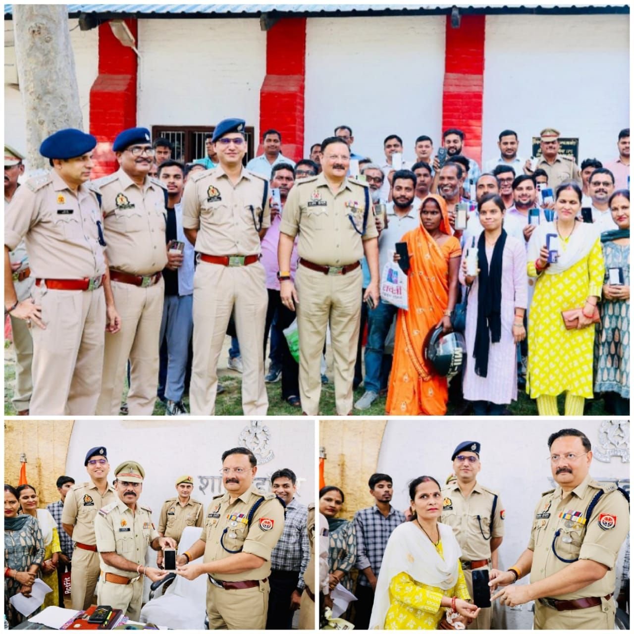 एसपी राजेश द्विवेदी पुलिस लाइन सभागार में गुम हुए मोबाइल फोन लाभार्थियों को सौंपते हुए। खोए हुए मोबाइल वापस मिलने पर लोगों की खुशी।