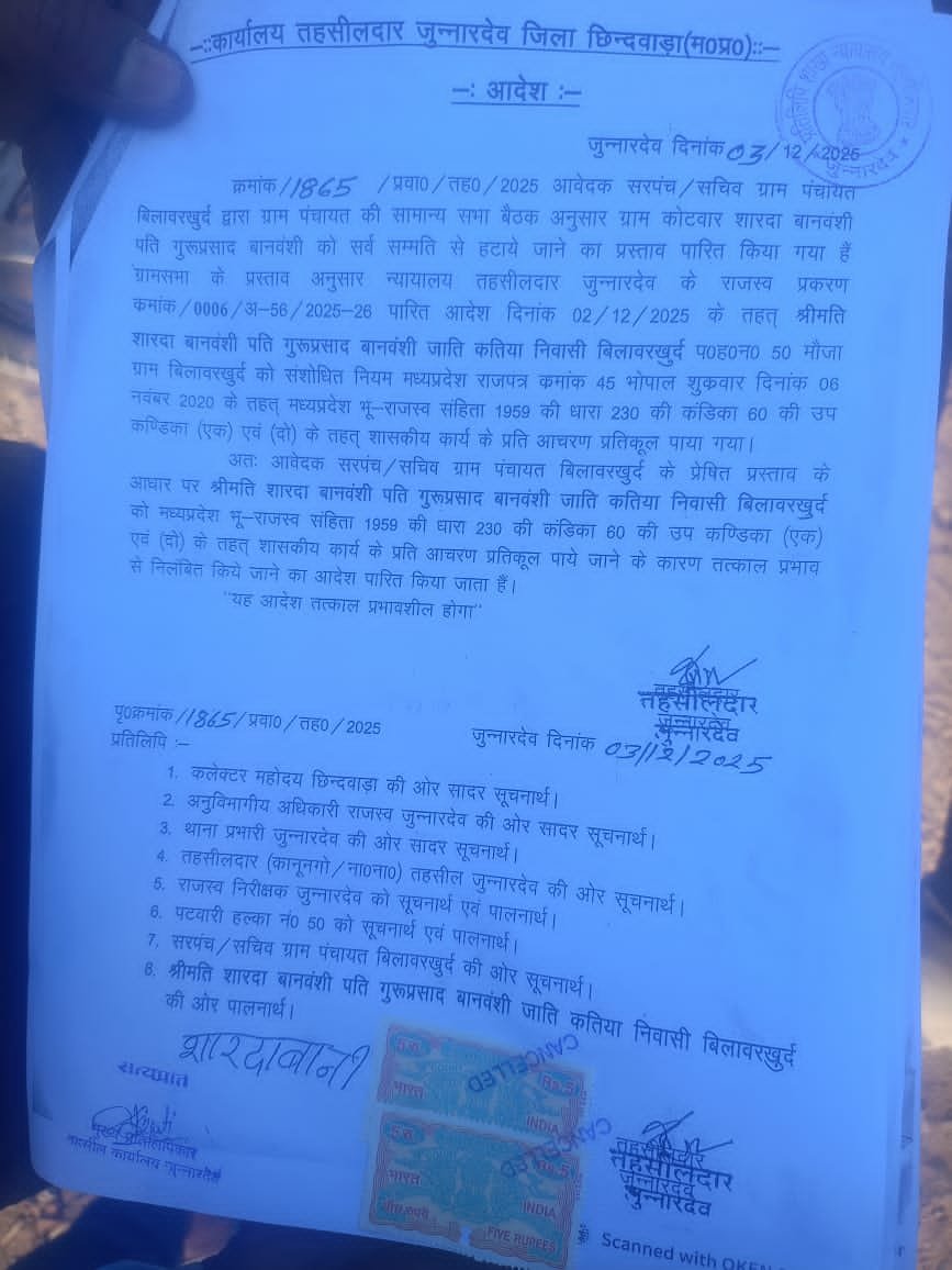 अनुशासनहीनता के मामले में कोटवार शारदा बानवंशी पर कार्रवाई, तत्काल निलंबन | New India Times