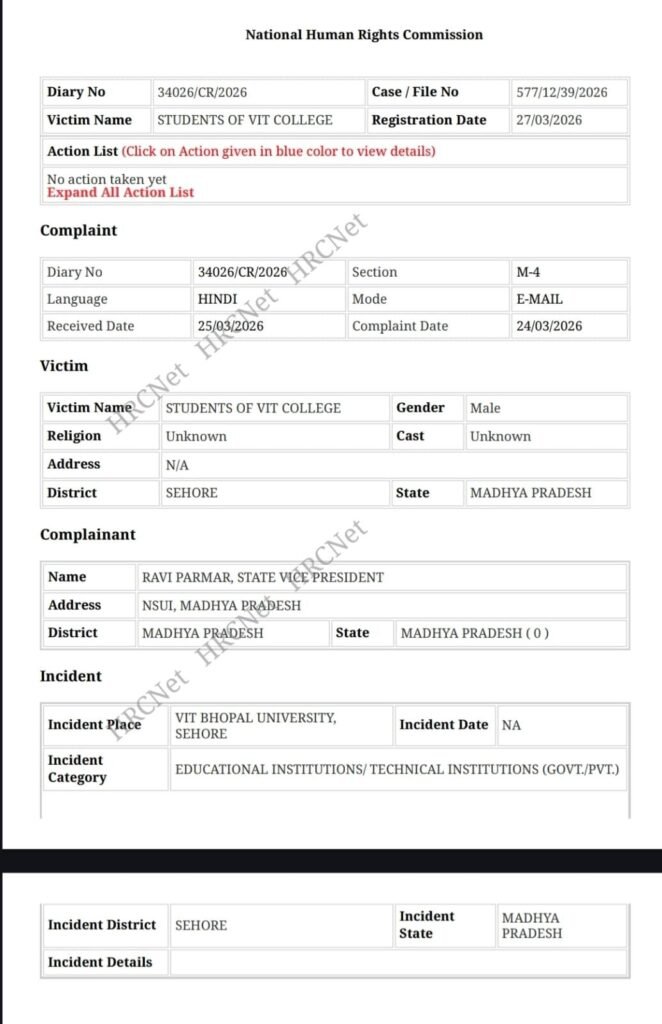 सीहोर में संचालित “VIT Bhopal” नाम पर उठे सवाल, भ्रामक प्रचार की शिकायत पर मानवाधिकार आयोग ने लिया संज्ञान 2 सीहोर में संचालित “VIT Bhopal” नाम पर उठे सवाल, भ्रामक प्रचार की शिकायत पर मानवाधिकार आयोग ने लिया संज्ञान | New India Times