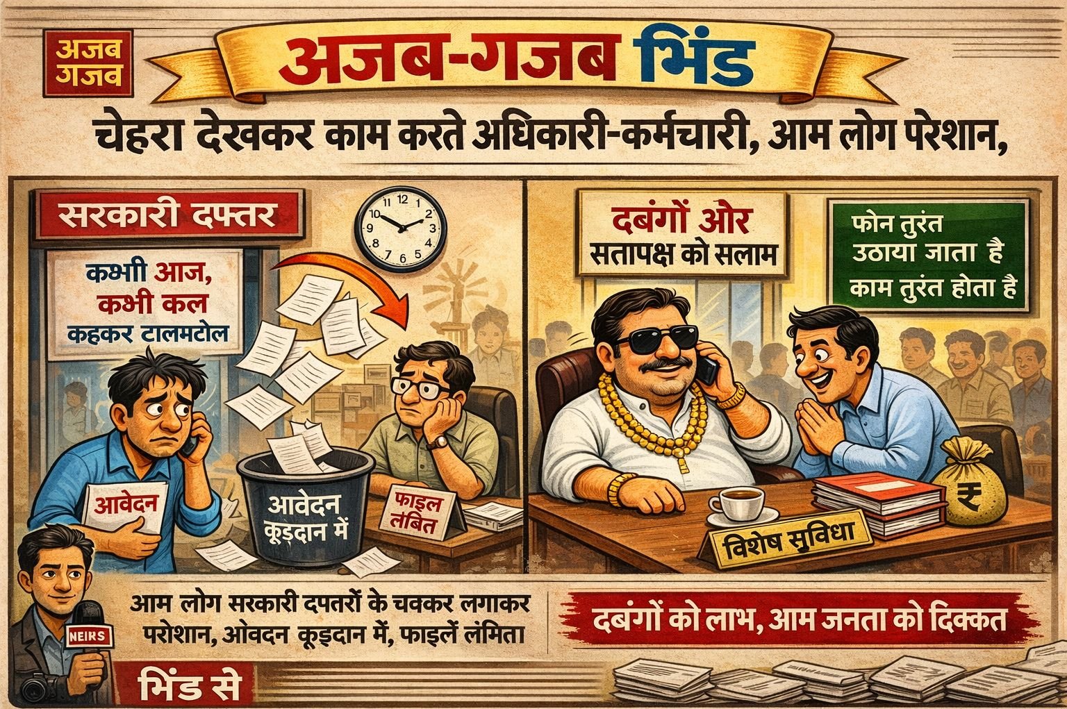 भिंड जिले में “चेहरा देखकर काम” का आरोप: आम नागरिक परेशान, रसूखदारों को मिल रहा फायदा | New India Times