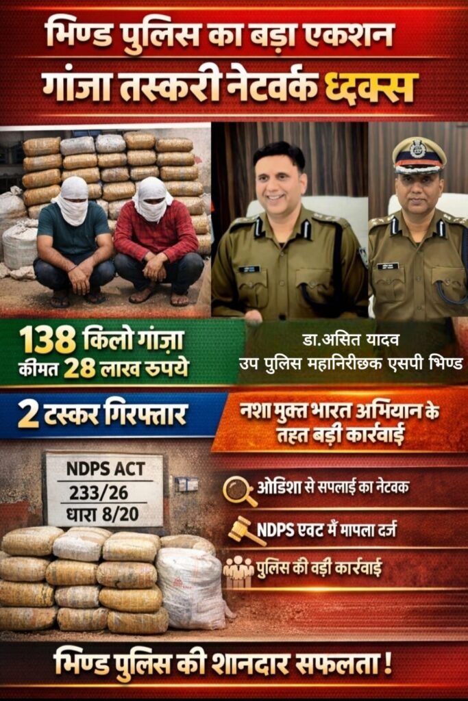 भिंड पुलिस की बड़ी कार्रवाई: 138 किलो गांजा जब्त, तस्करी के नेटवर्क का भंडाफोड़ | New India Times