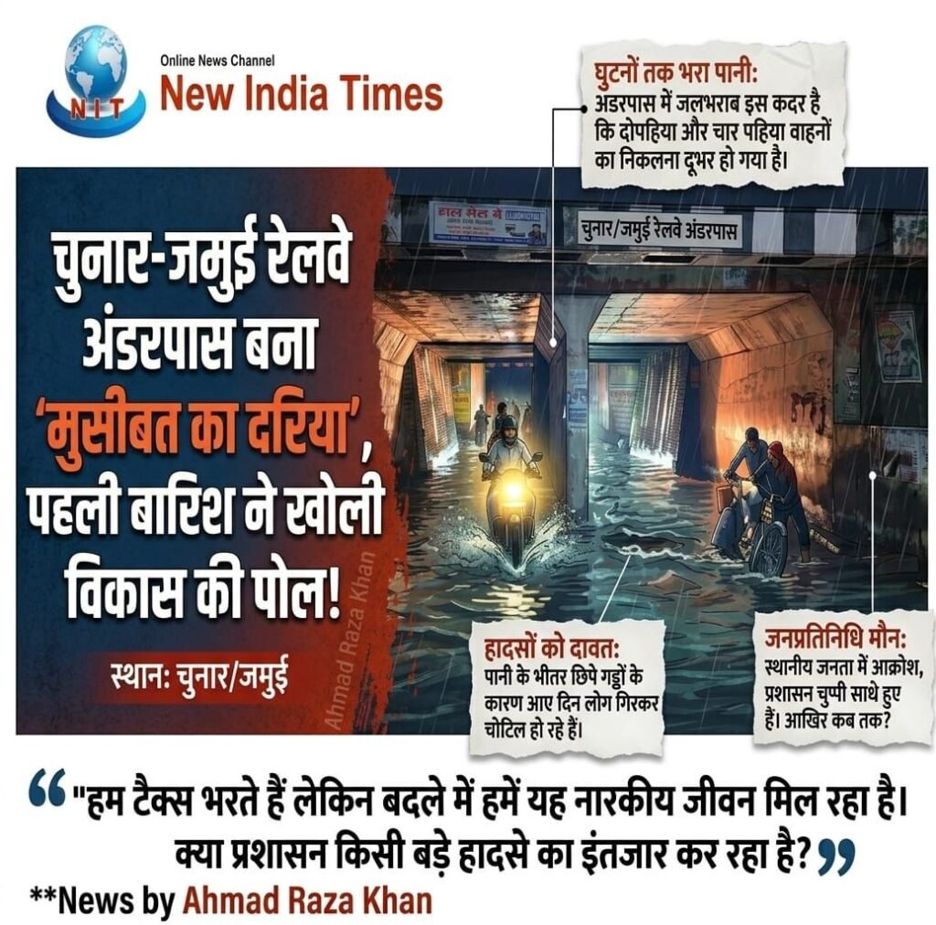पहली बारिश में डूबा चुनार-जमुई रेलवे अंडरपास, घटिया निर्माण और ड्रेनेज की कमी उजागर, हादसों का बढ़ा खतरा, प्रशासन पर लापरवाही के आरोप | New India Times
