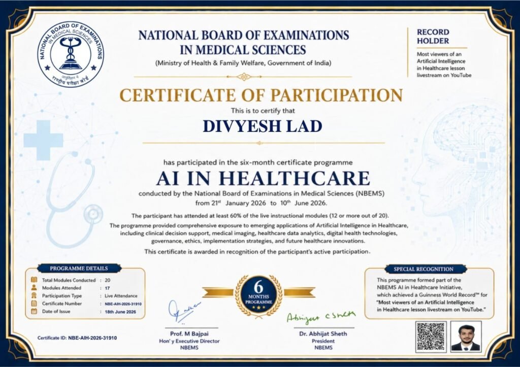 बुरहानपुर के युवा चिकित्सक डॉ. दिव्येश लाड को एआई इन हेल्थ केयर में मिला राष्ट्रीय प्रमाणपत्र | New India Times