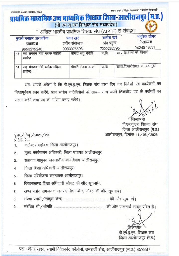 पीएमयूएम शिक्षक संघ जोबट ब्लॉक कार्यकारिणी का विस्तार, महिला प्रकोष्ठ, आईटी सेल एवं सेक्टर प्रभारियों की नियुक्ति 3 पीएमयूएम शिक्षक संघ जोबट ब्लॉक कार्यकारिणी का विस्तार, महिला प्रकोष्ठ, आईटी सेल एवं सेक्टर प्रभारियों की नियुक्ति | New India Times