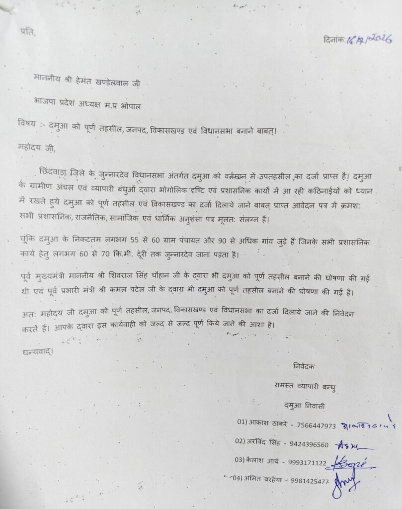पूर्व सीएम शिवराज की घोषणा, सब व्यापारियों साथ दमुआ के पूर्ण तहसील के विकास की मांग अभी तक अटकी, बीजेपी प्रदेश अध्यक्ष से मिलकर जागी उम्मीद | New India Times