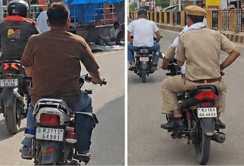 धौलपुर में नियमों की उड़ रही हैं धज्जियां, सरकारी बाइक पर बिना हेल्मेट के दिखे पुलिसकर्मी, जवाबदेही पर उठे सवाल | New India Times