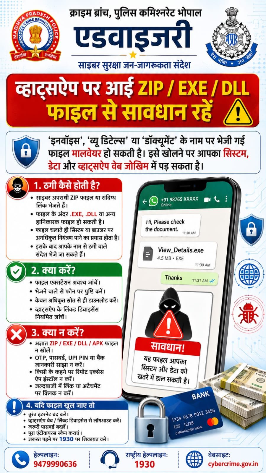 भोपाल क्राइम ब्रांच ने जारी की एडवाइजरी: व्हाट्सएप पर आने वाली ZIP, EXE और DLL फाइलों से रहें सावधान वरना हो सकते हैं ठगी का शिकार 1 भोपाल क्राइम ब्रांच ने जारी की एडवाइजरी: व्हाट्सएप पर आने वाली ZIP, EXE और DLL फाइलों से रहें सावधान वरना हो सकते हैं ठगी का शिकार | New India Times