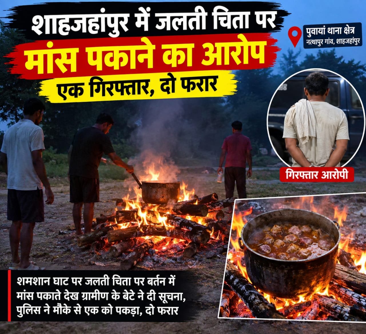 जलती चिता पर मांस पकाने का आरोप, एक आरोपी गिरफ्तार; दो फरार 1 जलती चिता पर मांस पकाने का आरोप, एक आरोपी गिरफ्तार; दो फरार | New India Times