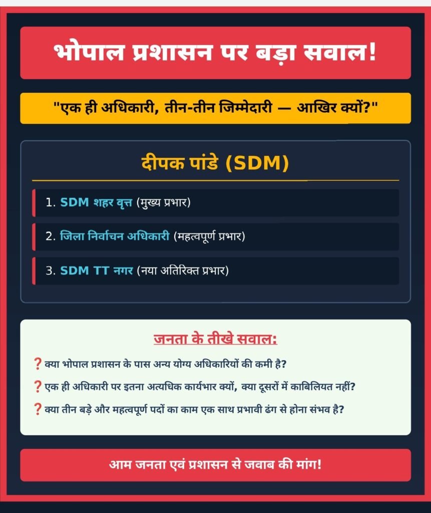 भोपाल प्रशासन में एक अधिकारी के पास तीन अहम जिम्मेदारियां, व्यवस्था पर उठे सवाल 2 भोपाल प्रशासन में एक अधिकारी के पास तीन अहम जिम्मेदारियां, व्यवस्था पर उठे सवाल | New India Times