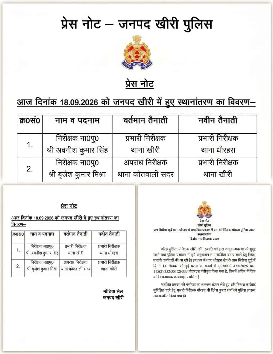 कानून-व्यवस्था को लेकर धौरहरा इंस्पेक्टर लाइन हाजिर, अवनीश सिंह को कमान; बृजेश मिश्रा बने थाना खीरी के प्रभारी 1 कानून-व्यवस्था को लेकर धौरहरा इंस्पेक्टर लाइन हाजिर, अवनीश सिंह को कमान; बृजेश मिश्रा बने थाना खीरी के प्रभारी | New India Times